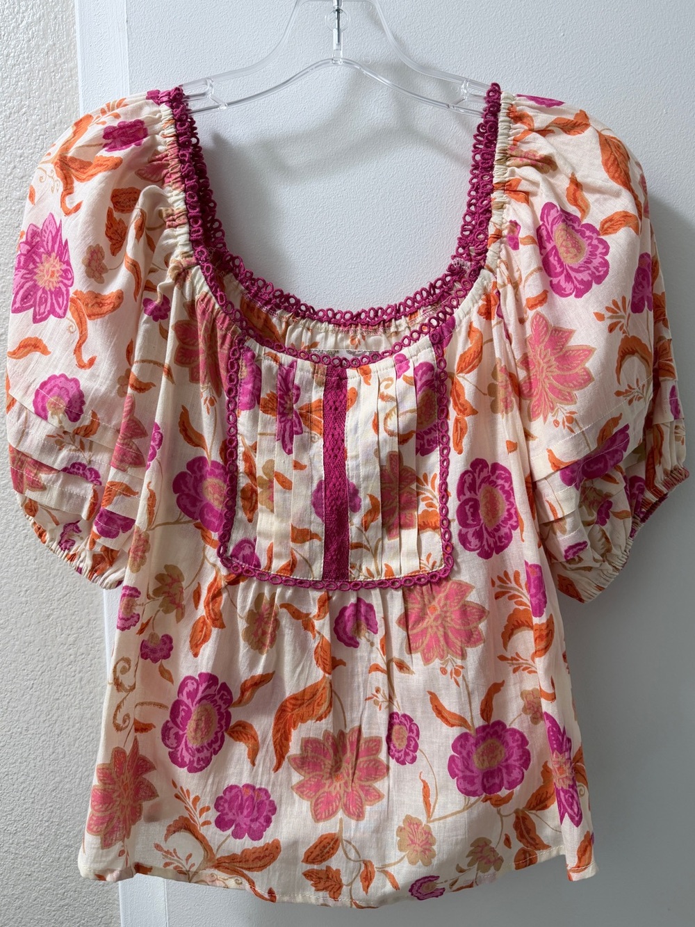 Floral Puff-Sleeve Peasant Blouse in Pink & Orange